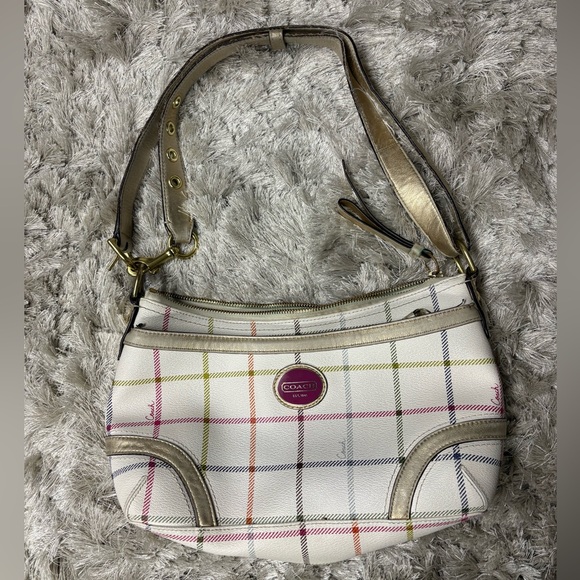 Coach Handbags - Coach White Plaid Crossbody Shoulder Bag with Multicolor Stripes